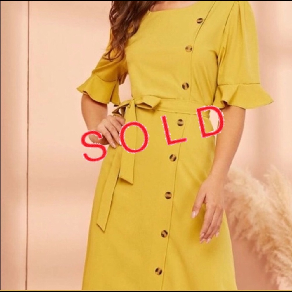 Button front flounce sleeve belted dress